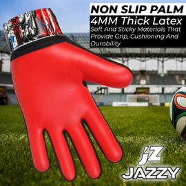 Jazzy Sports Football Goalkeeper Gloves for Kids, Youth Goalkeeper Gloves, Non-Slip 4mm Latex Palm with Strong Grip, Double Wrist Protection (Red 1, Size 2, Suitable for 4-5 Years)