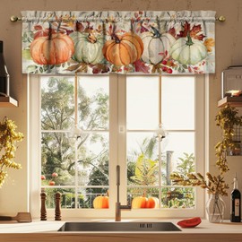 Fall Thanksgiving Kitchen Curtains Valances and Tiers 3 Piece Set,Orange,White,Green,Pumpkin & Maple Leaf Cute Farmhouse Rod Pocket Kitchen Cafe Curtain over Sink Window for Autumn Decor 36 Inch