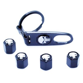 LED-Mafia 4 Valve Caps + Key Fob – Skull Black – Valve Pendant Key Ring Case Key, black