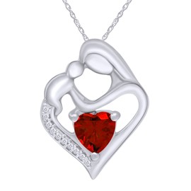 THE JEWEL ZONE Heart Simulated Garnet & White Natural Diamond Accent Mother & Child Heart Pendant Necklace 14k White Gold Over Sterling Silver (1 1/10 Cttw)