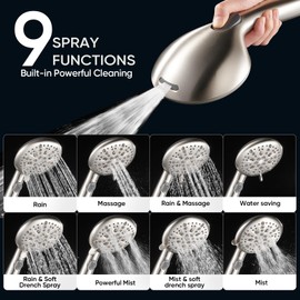 Cobbe High Pressure Shower Head with Built-in Pause Button, 9-Function Detachable Showerhead with Handheld Brass Swivel Bracket & Stainless Steel Hose, Water Saving 1-Click Stop, Brushed Nickel