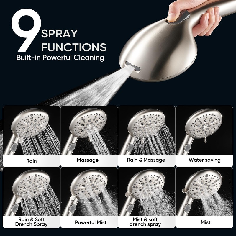 Cobbe High Pressure Shower Head with Built-in Pause Button, 9-Function