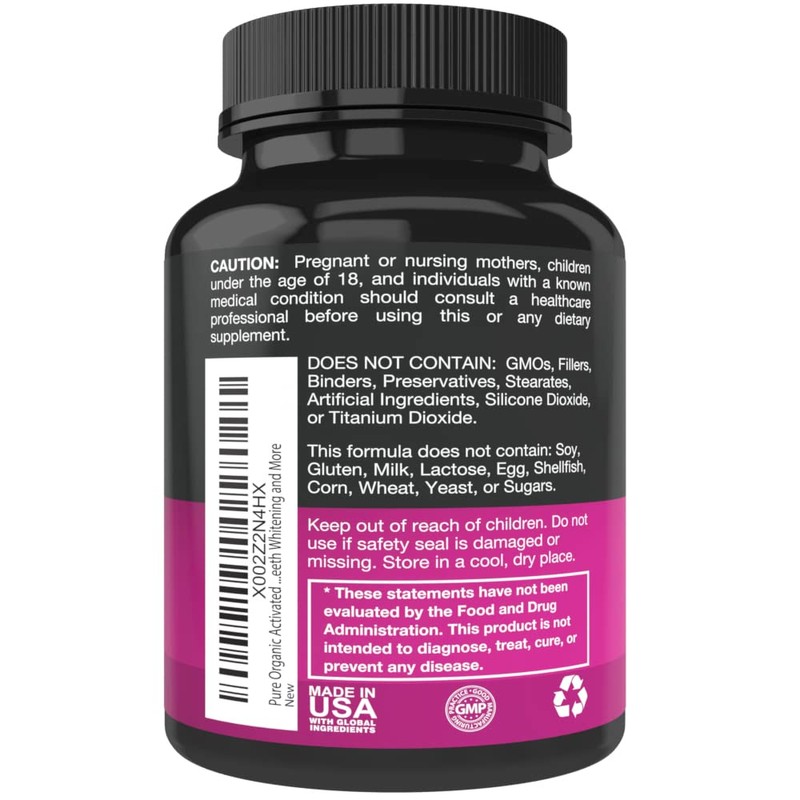 Pure Organic Activated Charcoal Capsules - 600mg per Capsule, 90