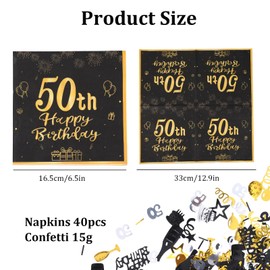 40 Stück Servietten 50. Geburtstag, 50. Geburtstagsdeko für Männer und Frauen, Deko 50. Geburtstag Mann, Schwarzes und Goldenes Konfetti, Happy Birthday, Geburtstagsdekorationen