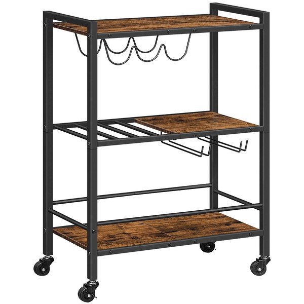 HOOBRO Bar Cart for The Home, 3-Tier Coffee Cart with Wheels, Kitchen Cart, Wine Cart with Wine Rack and Glass Holder, Rolling Serving Cart for Living Room, Party, Bar, Rustic Brown BF35TC01G1