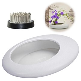 Ikebana Vase Kit - Japanese Oval Ceramic Ikebana Bowl Vase with 1.8'' Flower Frog Bowl, Kenzan Set for Japanese Flower Arrangement (White, 1.8'' Floral Frog Included)