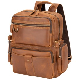 Miracttld Leather Backpack for Men 15.6" Laptop Backpack 100% Madagascar top-Grain Leather Backpack Light Brown Large Size