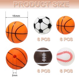 Rimoev 24 Pcs Print Silicone Beads Sports, 15mm Soft Rubber Round Beads for Keychain Wristlets, Football Silicone Beads Pens, Silicone Print Beads Necklace and Bracelets Making