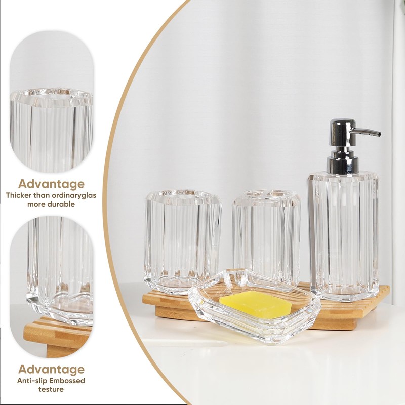 LGURT 4-Piece Clear Ribbed Acrylic Bathroom Accessory Set, Modern Countertop