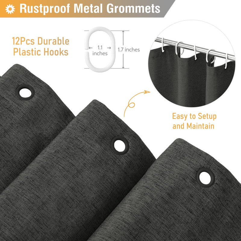 BTTN Charcoal Grey Shower Curtain - Linen Textured Heavy Duty