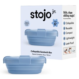 STOJO Jr Collapsible Box for Kids - Steel Blue, 24oz - Leak-Proof Reusable Silicone Travel Bowl for Hot & Cold Food - For Home, On-The-Go Camping & Hiking - Microwave & Dishwasher Safe
