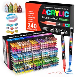 DICEKOO 240 Colors Acrylic Paint Markers, Soft Brush Tip Pens with Automatic Ink Control System, Waterproof, Quick-Drying, Lightfast, for Rock Painting, Canvas, Wood, Egg & DIY Crafts Art Supplies