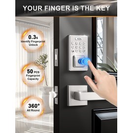 Tinewa Square Keyless Entry Door Lock with 2 Lever Handles, Fingerprint Entry Door Handleset, Keypad Deadbolt with App, Auto Lock & One Touch Locking, Front Smart Door Handle Sets, Satin Nickel