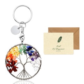 SwirlColor Tree of Life Keyring, Beautiful 7 Chakra Healing Crystal Tree of Life Keychain Gemstone Lucky Pendant Keyrings for Women Men Couple Friends, with A Card (Round)