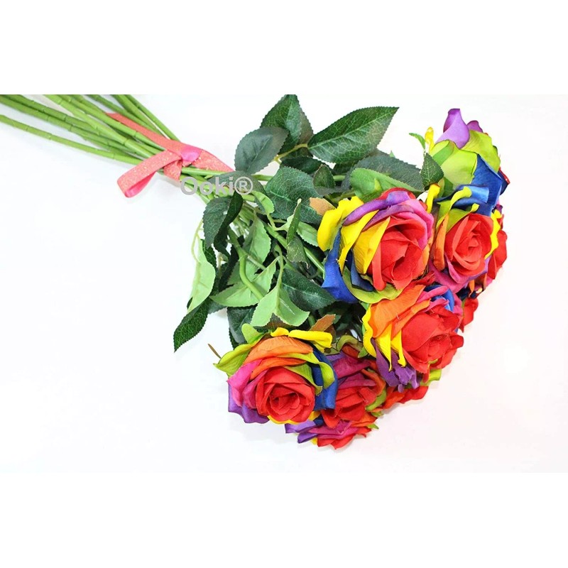 12 Stem Artificial Silk Color Rainbow Rose Flower Bush Bouquet