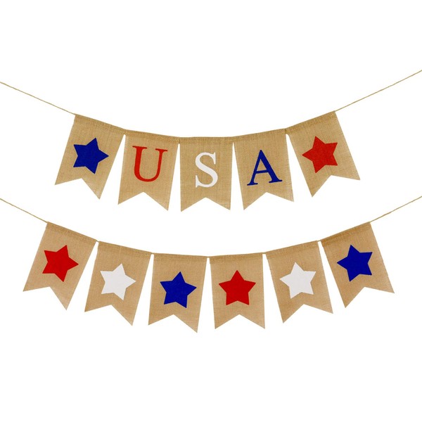 2 Pieces American Burlap Banner Independence Day Decoration USA Patriotic Banner White and Blue Stars Banner for 4th of July Decor (Color Set 1)