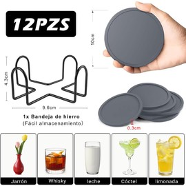 INGEQUIS 12 Piezas Posavasos de Silicona para Mesa, Portavasos Antideslizantes con Soporte, Resistente al Calor para Fiesta, Hogar, Restaurante, Cafetería, Bar(Gris)