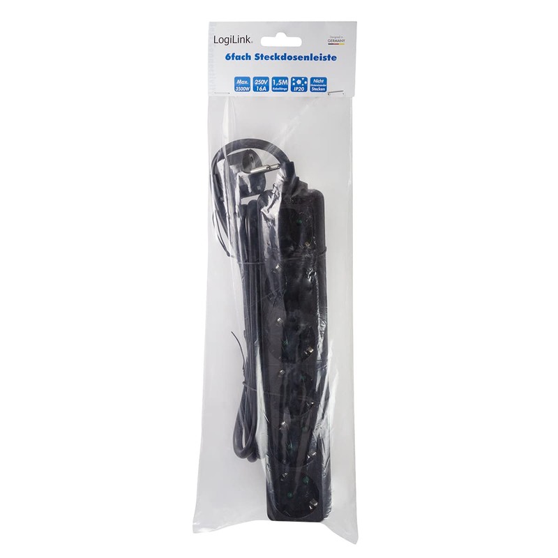 LogiLink LPS238B Power Strip with 6 Earthing Contact Sockets (45°