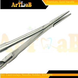 6in Castroviejo-Barraquer Needle Holder Curved + 6in Castroviejo Needle Holder Straight - Spring Handle, Gold - Autoclave-Safe German Stainless Steel Micro Needle Drivers [Pack of 2]