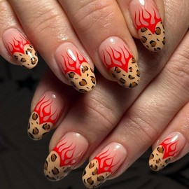 24Pcs Oval Press on Nails Short Fake Nails Brown French Tip Acrylic Nails Press Ons Leopard Print False Nails with Flame Designs Glossy Stick on Nails Cute Artificial Nails for Women Girls