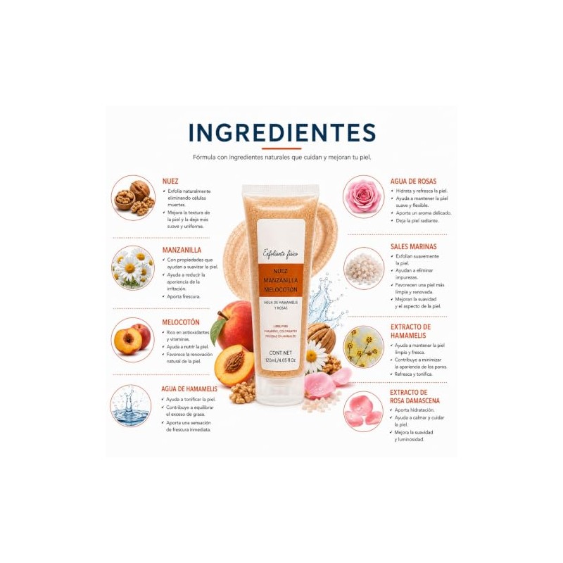 GEL EXFOLIANTE CORPO-FACIAL NUEZ, MANZANILLA Y MELOCOTÓN 120ML4.05 fl oz.