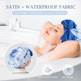 Longdon Homeone Gorros de ducha para mujer, con variedad de estampados y diseño de lazo, gorros de baño impermeables de gran tamaño para cabello largo, con doble capa de satén y tela EVA. (Rosa azul)