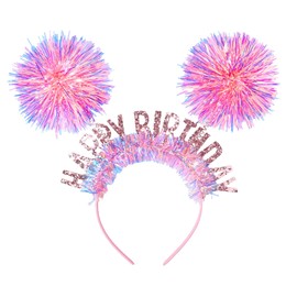 DIUEWOW Birthday Girl Headband Happy Birthday Crown Hair Hoop Fashion Fluffy Pink Ball Happy Birthday Letters Design Hair Accessories for Women Girls Party Birthday