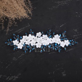 Teyglen Bride Flower Wedding Hair Comb Headband White Flower Rhinestone Headpiece Bridal Crystal Hair Piece Hair Accessories for Women Girls (Peacock blue)