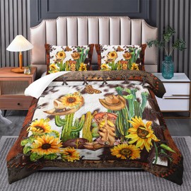 Nttopship West Comforter Set Queen Size, Brown and White Cow Print 3 Pieces Bedding Set, Western Cowboy Plant Quilts Set Lightweight Soft Microfiber Warm Down Alternative with 2 Pillowcase All Season