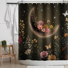 PEDBANRO Moon Shower Curtain Floral Butterfly Flower Mysterious Fabric Shower Curtains Black Starry Night Plant Gothic Botanical Shower Curtain Bathroom Accessories 72x72 Inches
