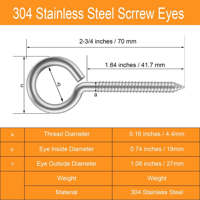 20 Pieces 304 Stainless Steel Screw-in Hooks, Hook Bolt Screw