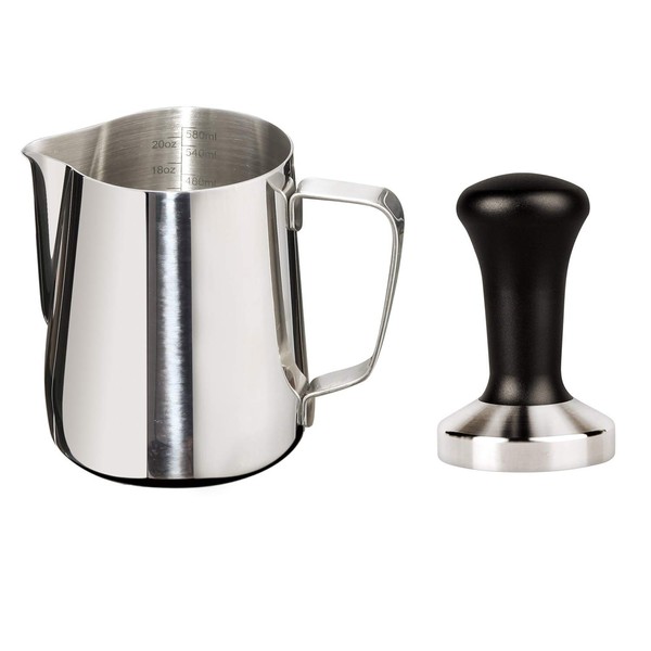 Joytata 20oz Milk Frothing Pitcher 58mm Stainless Steel Espresso Tamper Set Milk Pitcher with Measurement Scale Stainless Steel Steam Pitcher Coffee Tamper Set Perfect for Espresso Machine-Froth Cup