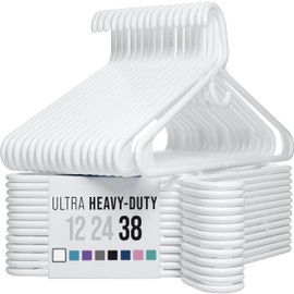 NEATERIZE Thick Heavy Duty Hangers - White Plastic Clothes Hangers 38 Pack - Great for Coat Hanger, Jackets Jeans & Suit Hanger for Closet - New Apartment Essentials Percheros Ganchos para Colgar Ropa