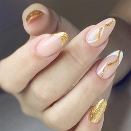 Gold Press on Nails Almond Medium Fake Nails French Tip False Nails with Glitter Design Glossy Full Cover Acrylic Glue on Nails Cute Artificial Stick on Nails for Women Manicure 24Pcs