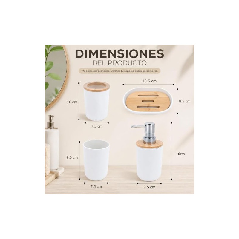 Set 4 Baño Dispensador, Jabonera, Porta Cepillos, Vaso Blanco