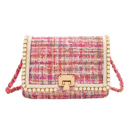 DFJXXX Shoulder Bag Chain Purse for Women, Fashion Clutch Crossbody Bag Retro Tweed Pearl Underarm Bag Square Satchel Handbag (Pink)