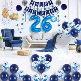NANINUNENO 26th Birthday Party Decorations In Blue Men And Women, Supplies Happy Balloons With Banner, Numbers, Star Streams, Swirls Hanging