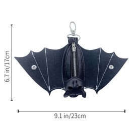 ASTRULUME Leather Bat Coin Purse with Zippered Keychain, Handmade Gothic Hanging Bat Wallet Coin Pouch with Folding Wings
