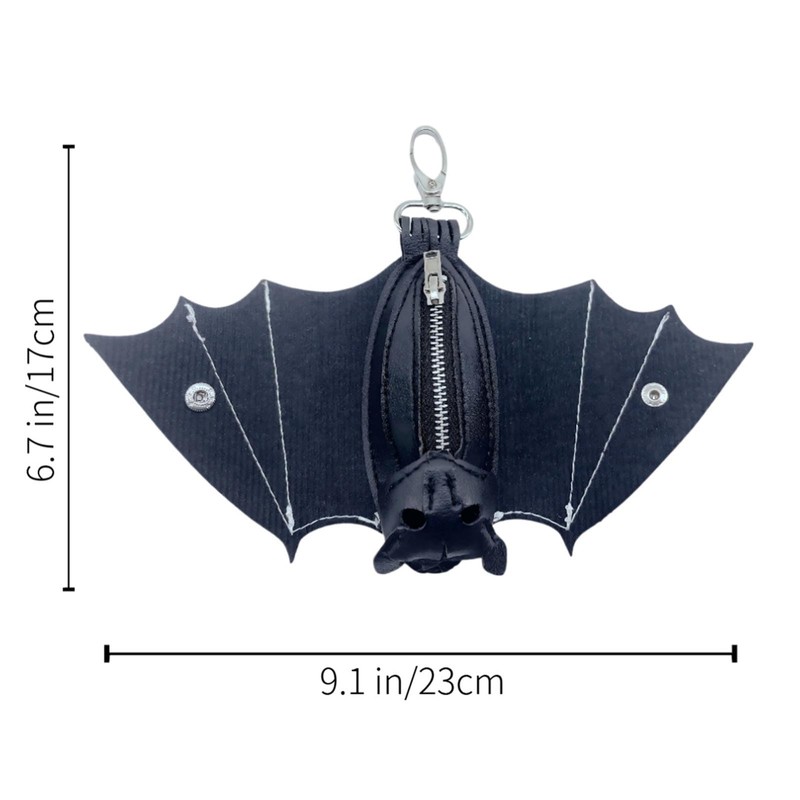 ASTRULUME Leather Bat Coin Purse with Zippered Keychain, Handmade Gothic