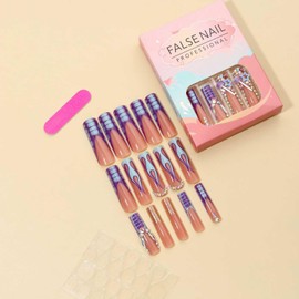 Press on Nails Long Fake Nails French Glue on Nails Rhinestones Acrylic Nails Y2K Nails Press ons Artificial Nails for Women and Girls 24Pcs (3D purple y2k Square nails)