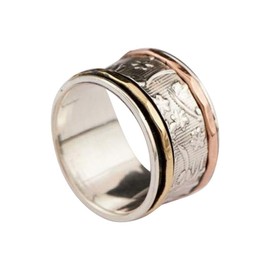 925 Sterling Silver Copper and Brass Tri Tone Metal Meditation Spinner Ring Fidget Anxiety Relief Ring Wide Band, Anti Stree Ring, Worry Ring, Spinning Ring, Ring Size US10