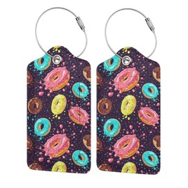 Set of 2 Luggage Tag for Suitcases ,Waterproof Leather Privacy Cover with Address Labels ,Stainless Steel Loop,for Travel Baggage Bag Suitcase Lunch Box,Travel Accessories Tags (Doughnut)