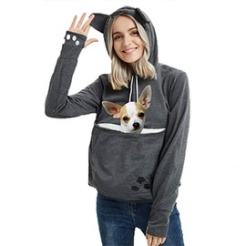 Womens Pet Carrier Sweater Dog Cat Pouch Hoodies Plus Size Tops Dark Grey L