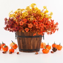 AevrBlos Artificial Fall Flowers for Outdoors Fake Mums Plants, 16 Bundles Faux Orange Eucalyptus Flower Plants UV Resistant No Fade for Home Autumn Garden Thanksgiving Porch Patio Autumn Decor