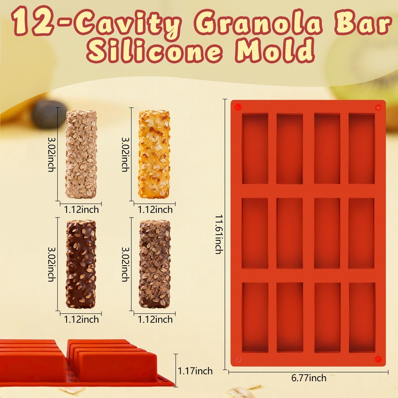 Wilewir 3Pcs Silicone Granola Bar Mold, 12-Cavity Rectangle Silicone Chocolate