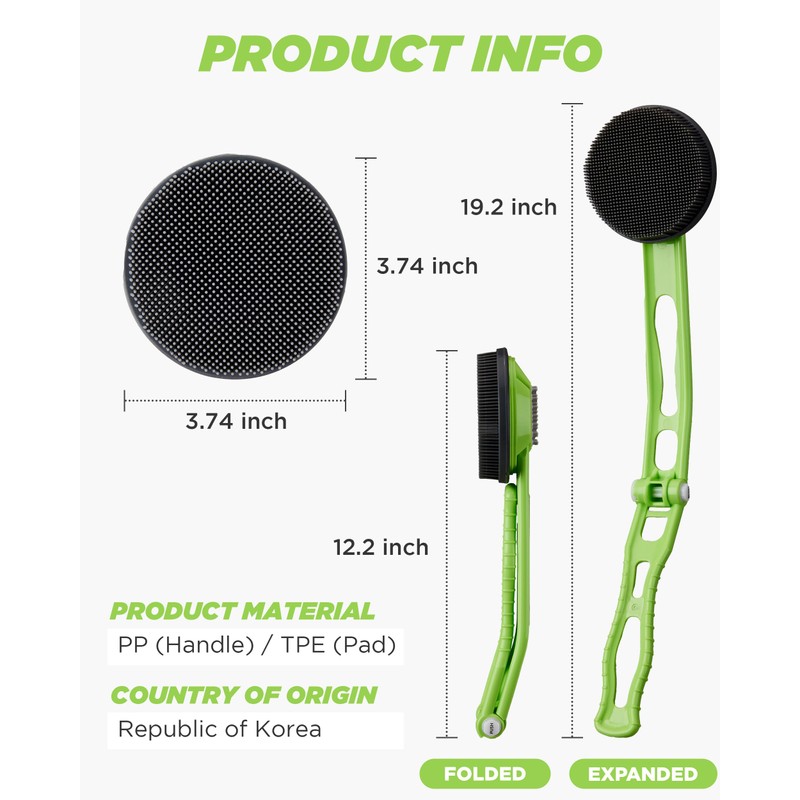 DOWMI シリコンボディスクラバー – 19インチ折りたたみ式ロングカーブハンドル 究極のリーチと快適性 – バックシャワースクラブブラシ – 衛生的で丈夫なソフトシリコンで敏感肌用