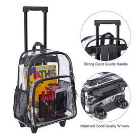 Rolling Clear Backpack, Heavy Duty Cold-Resistant Security Transparent PVC Backpack with Wheels (Black)