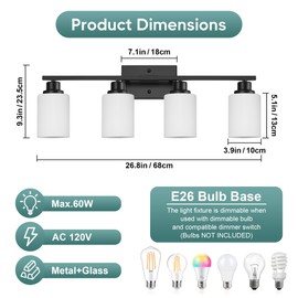 Ascher Bathroom Light Fixtures, 4-Light Vanity Light Over Mirror, Matte Black Wall Sconces with Milky White Frosted Glass Shades, Wall Lamp for Living Room Bedroom, E26 Base(Bulbs Not Included)