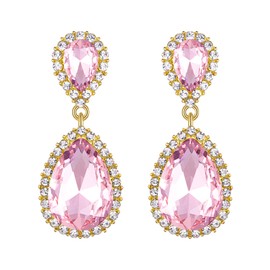 EVER FAITH Women's Beauty Austrian Crystal Dangle Earrings, Elegant Bridal Pear Pierced Earrings Pink Gold-Tone