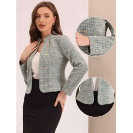 Allegra K Vintage Tweed Jackets for Women's Stand Collar Business Open Front Cropped Jacket Medium Beige